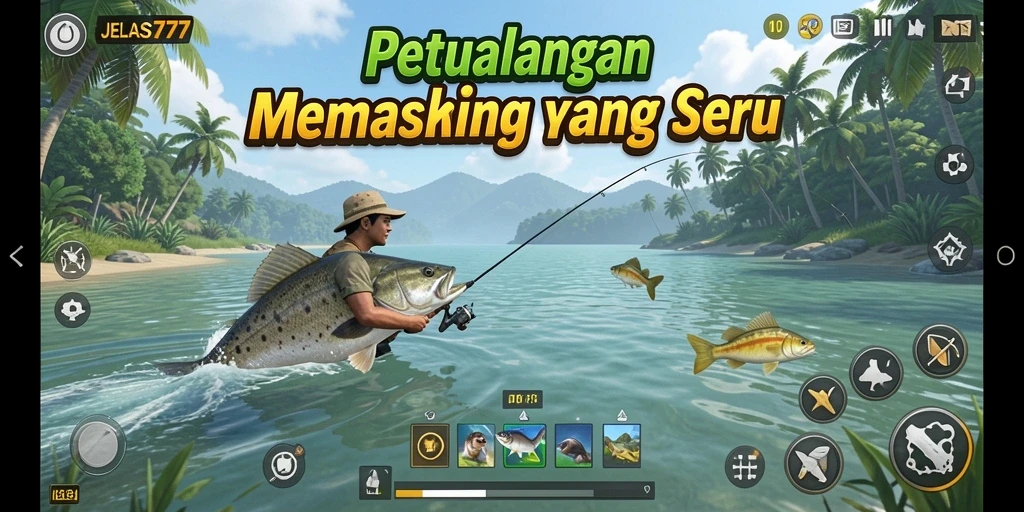 Screenshot gameplay memancing di JELAS777 menunjukkan aksi seru menangkap ikan.