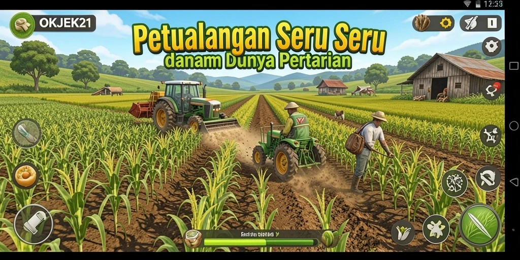 Screenshot OKJEK21 menampilkan pemain sedang panen tanaman segar.