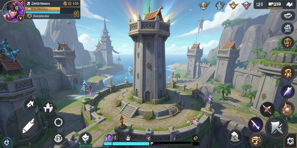Tampilan gameplay ZAVONZO dengan menara yang berfungsi melawan musuh.